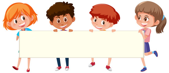 Four children holding blank banner