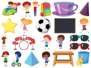 Set of isolated objects of kids and school items