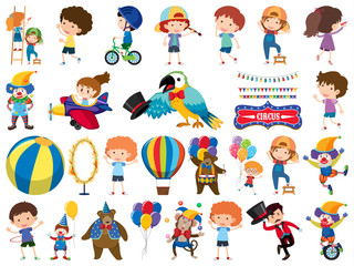 Large set of isolated objects of kids and circus