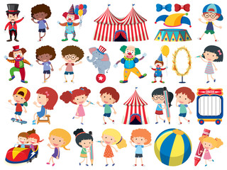 Large set of isolated objects of kids and circus