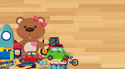 Background design with toys on wooden wall