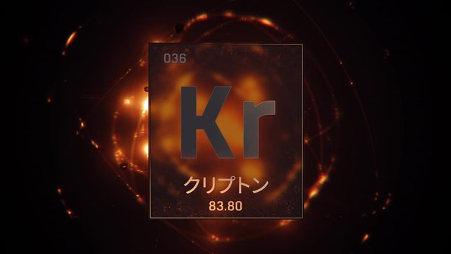 Krypton as Element 36 of the Periodic Table. Seamlessly looping 3D animation on orange illuminated atom design background orbiting electrons name, atomic weight element number in Japanese language