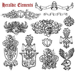 Design set with heraldic elements isolated on white.