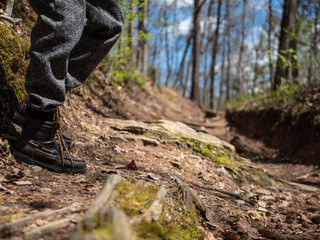 Standing in hiking boots on a trail