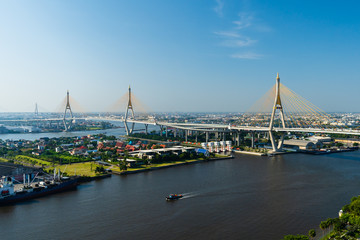 Fototapeta premium Bhumibol suspension bridge over Chao Phraya River in Bangkok city, Thailand