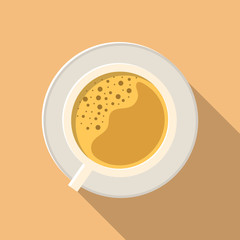 Cute a cup of hot latte art coffee with foam bubbles flat icon from top view isolated on brown background.Design for print your brand logo ,poster ,banner.Morning time concept.Vector.Illustration.