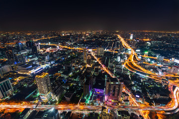 Fototapeta premium Bangkok city downtown and expressway road traffic at night of Thailand , Cityscape