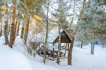 Canopy made of wood with benches in the winter in the forest under the snow.