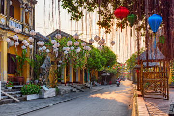 Gorgeous view of cozy street decorated with silk lanterns