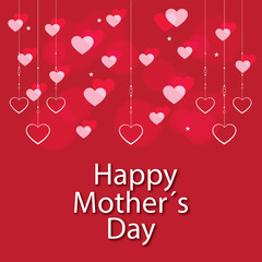 Abstract romantic red festive background. Hanging hearts on dotted string