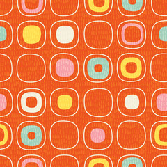 Abstract seamless pattern of rounded squares with random details. Mid century modern Scandinavian style. For fabrics, prints, wallpaper, home decor.