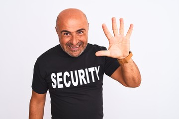 Middle age safeguard man wearing security uniform standing over isolated white background showing...