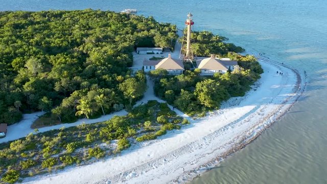 Aerial Drone Video of Lighthouse Point on Sanibel Island, Florida at Sunset.