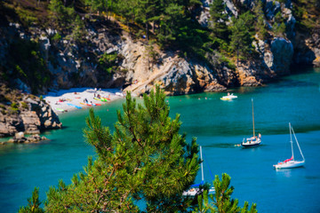 Incredible landscape with yachts near Virgin Island's Beach. Crozon Peninsula. Finister. Brittany. France