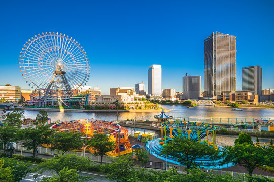 yokohama harbor skyline with ferris wheel, japan