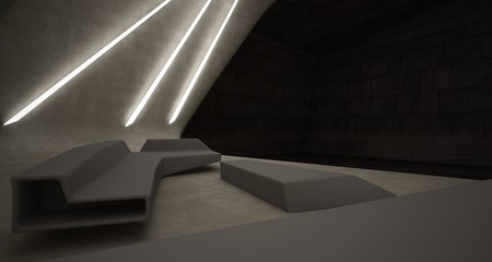 Obraz premium Abstract architectural concrete smooth interior of a minimalist house with swimming pool and neon lighting. 3D illustration and rendering.