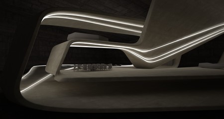 Abstract architectural concrete smooth interior of a minimalist house with swimming pool and neon lighting. 3D illustration and rendering.