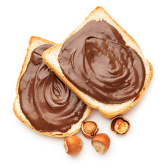 Fresh bread with chocolate paste on white background