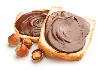 Fresh bread with chocolate paste on white background