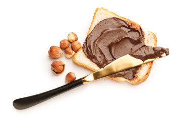 Fresh bread with chocolate paste on white background