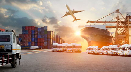 Logistics import export background and transport industry of Container Cargo freight ship and Cargo plane background, Truck transport container on the road to the port - obrazy, fototapety, plakaty