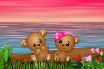 Obraz na płótnie Canvas Cute couple a teddy bear sitting on seaside