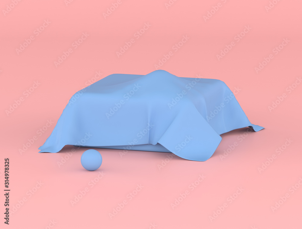 Poster Abstract geometric object ,Sphere is in a box and covered with blue wrinkle sheet, pastel colors,minimal idea,3d rendering