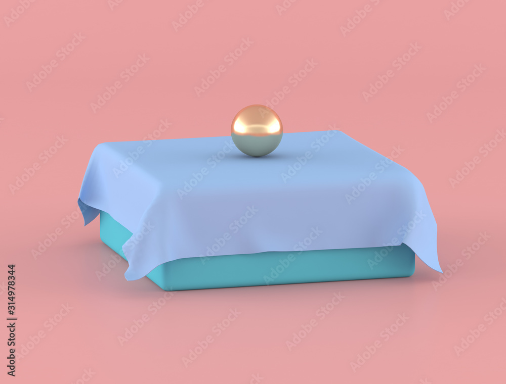 Poster abstract geometric object ,gold sphere is on blue box with pastel colors,minimal idea,3d rendering