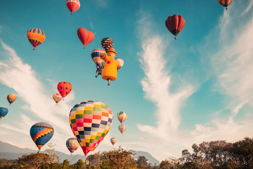 Hot air balloons in vintage color tone. Balloon festival at Chiangrai Thailand.