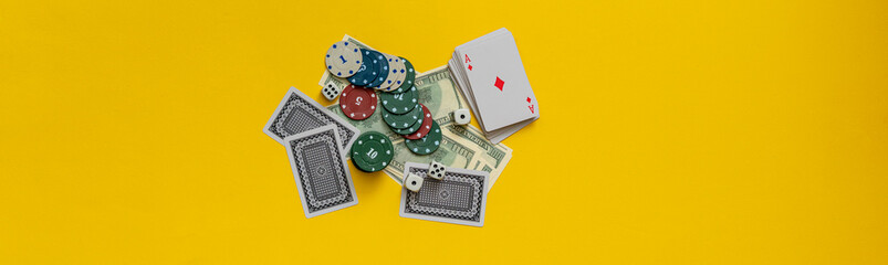 the casino winning jack pot theme, cards poker, dice game with chips and cash money drop on table