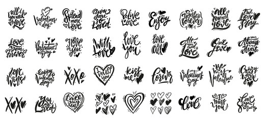 Love and Valentine day greeting phrases set. Modern calligraphy. Vector illustration.