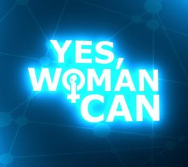 Yes woman can. Motivation typography quote. Creative typography poster concept. Female sign icon. Silhouette of woman head. 3D rendering