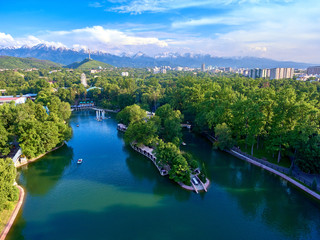 Almaty city in the summer. Aerial view of Almaty. Kazakhstan. Central Park View.