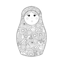 Colorful Russian matryoshka doll in the style of a collage, coloring black outline with a white background, vector