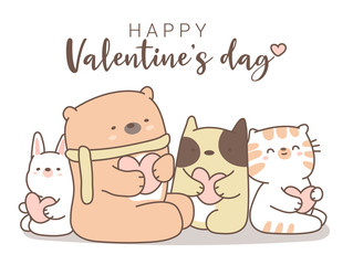 happy valentines day with cute animal cartoon hand drawn style