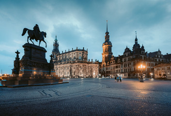 Dresden city center with dramatic sky at twilight, Saxony, Germany