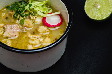 Green Pozole, traditional Mexican cuisine, hominy stew