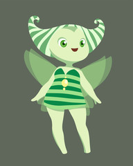 Beautiful anime style cartoon fairy with green magic wings wearing striped pretty dress
