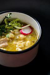 Green Pozole, traditional Mexican cuisine, hominy stew