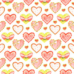Red romantic seamless pattern with heart. Hand painted watercolor stock illustration. Perfect for birthday, valentine, wedding invitations cards.