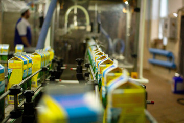 Dairy products on the factory milk packaging line. Dairy products in the package are moved on a conveyor belt .