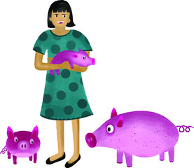 Vector illustration of young girl with 3 pigs children illustration book