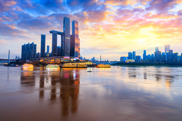 Chaotianmen wharf skyline and buildings at sunset in Chongqing,China.panoramic view.