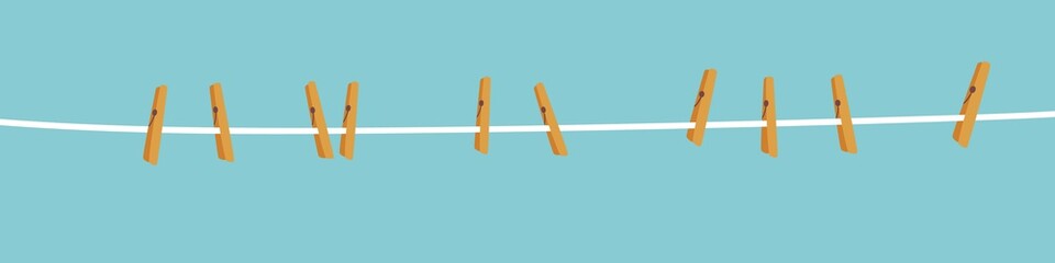 Clothespins on rope on blue background. Set of wooden clips drawn. Cartoon flat design.