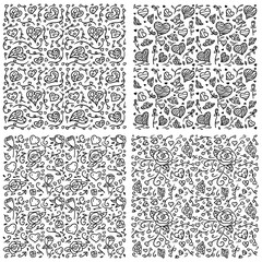 Set of valentine's day background with hearts and roses, hand drawn line art vector illustration