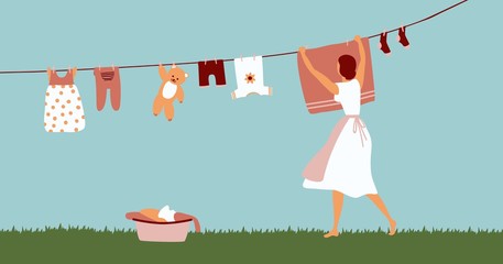 Woman doing laundry outdoor. Girl hanging clothes on rope for drying after washing. Vector cartoon flat