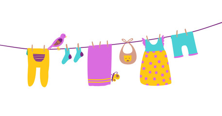 Baby clothes on clothesline hanging and drying. Clean and bright apparel. Cartoon vector illustration isolated