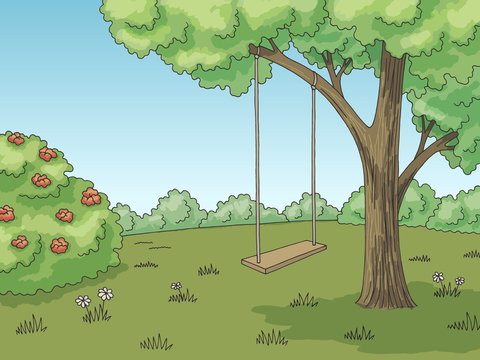 Tree swing graphic color forest glade landscape sketch illustration vector