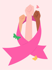 Vector illustration of hands up and breast cancer symbol ribbon around