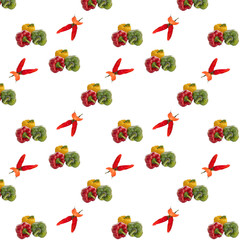 Red green and yellow bell pepper pattern on a white background